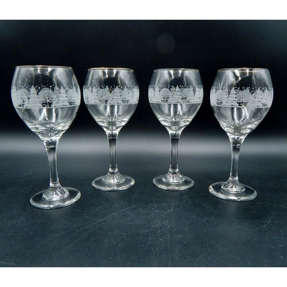 Libbey Arbys Christmas White Frosted Pine Tree Wine Glasses Goblets Gold Rim S/4